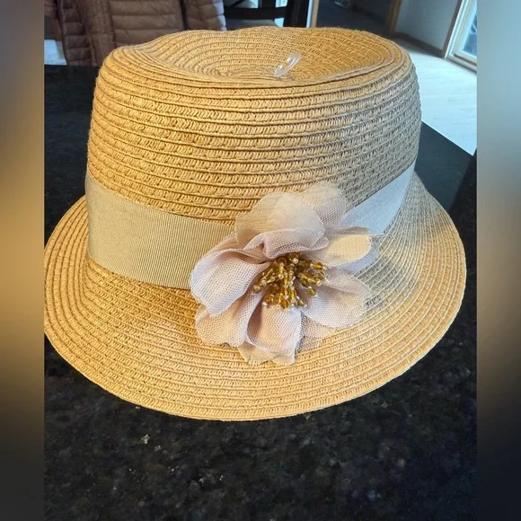 August Hat Company Straw Sun Hat with Beige Band and Floral Beaded Accent OS - Picture 3 of 10